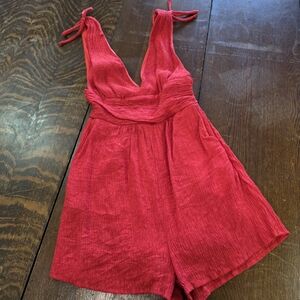 One Clothing Red V Neck Textured Tie-Strap Romper - Size XS